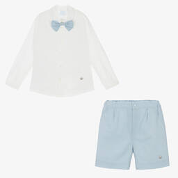 Artesanía Granlei-Boys Ivory & Blue Linen Short Set | Childrensalon Outlet