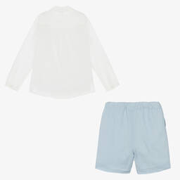 Artesanía Granlei-Boys Ivory & Blue Linen Short Set | Childrensalon Outlet