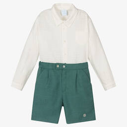 Artesanía Granlei-Boys Ivory & Green Shorts Set | Childrensalon Outlet