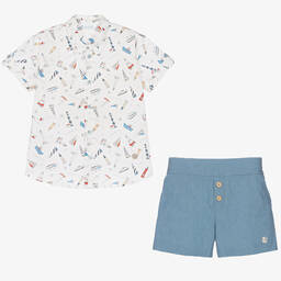 Artesanía Granlei-Boys Ivory Shirt & Blue Short Set | Childrensalon Outlet