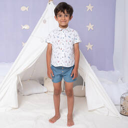 Artesanía Granlei-Boys Ivory Shirt & Blue Short Set | Childrensalon Outlet