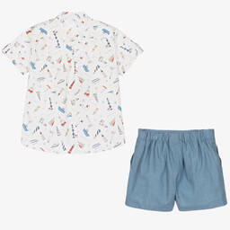 Artesanía Granlei-Boys Ivory Shirt & Blue Short Set | Childrensalon Outlet