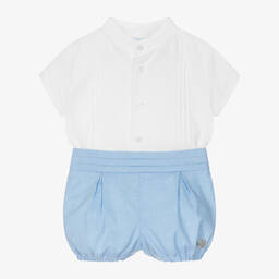 Artesanía Granlei-Boys White & Blue Organic Cotton Shorts Set | Childrensalon Outlet