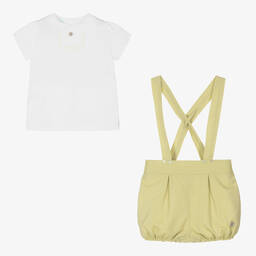 Artesanía Granlei-Boys White & Green Cotton Shorts Set | Childrensalon Outlet