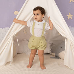 Artesanía Granlei-Boys White & Green Cotton Shorts Set | Childrensalon Outlet