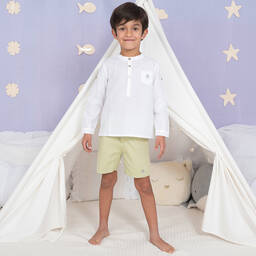 Artesanía Granlei-Boys White & Green Cotton Shorts Set | Childrensalon Outlet