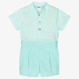 بابيدو -طقم شورت أطفال ولادي قطن جينغهام لون أزرق أكوا | Childrensalon Outlet