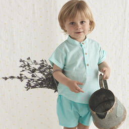 بابيدو -طقم شورت أطفال ولادي قطن جينغهام لون أزرق أكوا | Childrensalon Outlet
