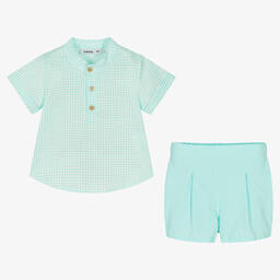 بابيدو -طقم شورت أطفال ولادي قطن جينغهام لون أزرق أكوا | Childrensalon Outlet