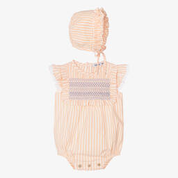 Babidu-Baby Girls Orange Stripe Shortie & Bonnet Set | Childrensalon Outlet