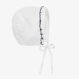 Babidu-Baby Girls White & Blue Cotton Bonnet | Childrensalon Outlet