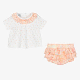 Babidu-طقم شورت قطن لون برتقالي وأبيض للمولودات | Childrensalon Outlet