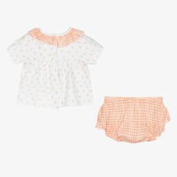 Babidu-طقم شورت قطن لون برتقالي وأبيض للمولودات | Childrensalon Outlet