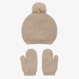 Babidu-Бежевая вязаная шапка и варежки из хлопка | Childrensalon Outlet