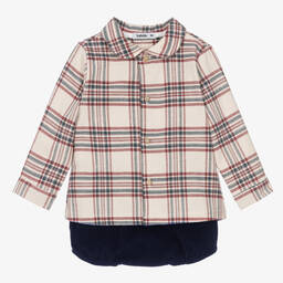 Babidu-Boys Beige & Blue Check Shorts Set | Childrensalon Outlet