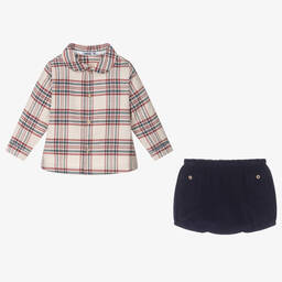 Babidu-Boys Beige & Blue Check Shorts Set | Childrensalon Outlet