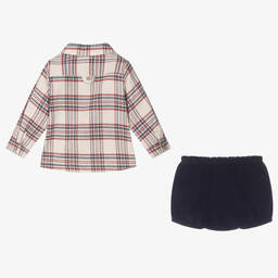 Babidu-Boys Beige & Blue Check Shorts Set | Childrensalon Outlet