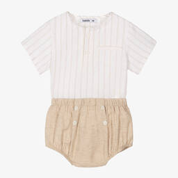Babidu-Boys Beige Striped Cotton Shorts Set | Childrensalon Outlet