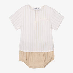 Babidu-Boys Beige Striped Cotton Shorts Set | Childrensalon Outlet