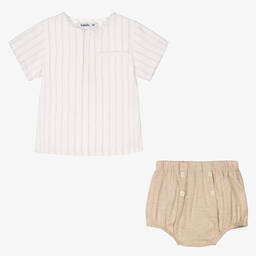 Babidu-Boys Beige Striped Cotton Shorts Set | Childrensalon Outlet