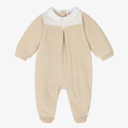 Babidu-Boys Beige Velour Babygrow | Childrensalon Outlet