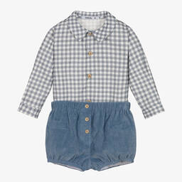 Babidu-Boys Blue Check Cotton Shorts Set | Childrensalon Outlet