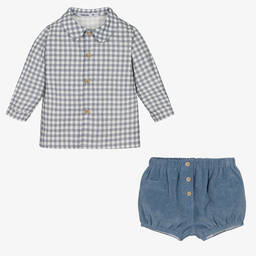 Babidu-Boys Blue Check Cotton Shorts Set | Childrensalon Outlet