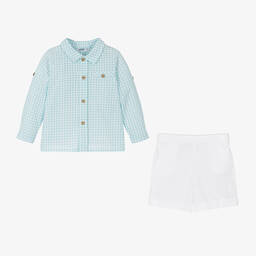 Babidu-Boys Blue Gingham Cotton Shorts Set | Childrensalon Outlet