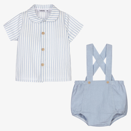 Babidu-طقم شورت كتان وقطن محبوك لون أزرق باهت وأبيض للمواليد | Childrensalon Outlet