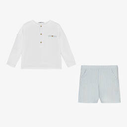 Babidu-Boys Blue Striped Cotton Shorts Set | Childrensalon Outlet