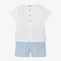 Babidu-Boys Blue & White Cotton Shorts Set | Childrensalon Outlet