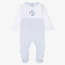 Babidu-Boys Blue & White Velour Babygrow | Childrensalon Outlet