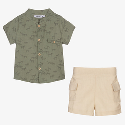Babidu-Boys Green & Beige Shorts Set | Childrensalon Outlet