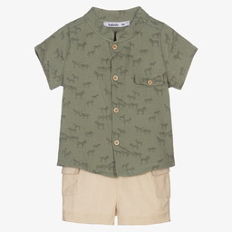 Babidu-Boys Green & Beige Shorts Set | Childrensalon Outlet