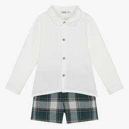 Babidu-Boys Green Tartan Cotton Shorts Set | Childrensalon Outlet