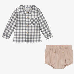 Babidu-Boys Grey & Beige Check Shorts Set | Childrensalon Outlet