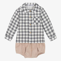 Babidu-Boys Grey & Beige Check Shorts Set | Childrensalon Outlet