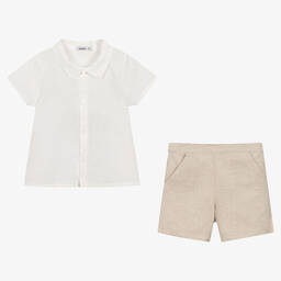 Babidu-Кремовая рубашка и бежевые шорты из хлопка для мальчиков | Childrensalon Outlet