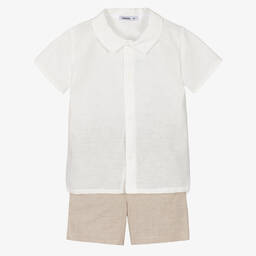 Babidu-Кремовая рубашка и бежевые шорты из хлопка для мальчиков | Childrensalon Outlet