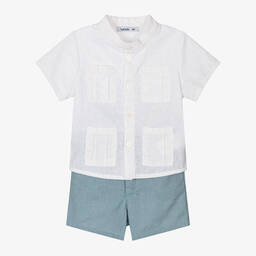 Babidu-Boys Ivory & Blue Linen Shorts Set | Childrensalon Outlet