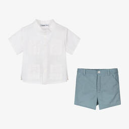 Babidu-Boys Ivory & Blue Linen Shorts Set | Childrensalon Outlet