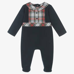 Babidu-Boys Navy Blue Cotton Tartan Babygrow | Childrensalon Outlet