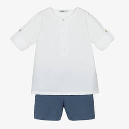Babidu-Boys White & Blue Cotton Shorts Set | Childrensalon Outlet