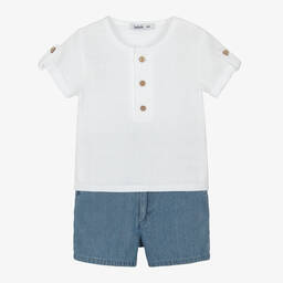 Babidu-Boys White & Blue Cotton Shorts Set | Childrensalon Outlet