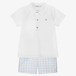 Babidu-Белый топ и голубые шорты в мелкую клетку | Childrensalon Outlet