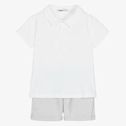 Babidu-Boys White & Grey Cotton Shorts Set | Childrensalon Outlet