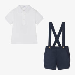 Babidu-Boys White & Navy Blue Cotton Shorts Set | Childrensalon Outlet