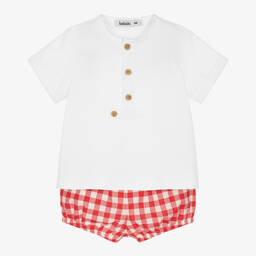 Babidu-Boys White & Red Gingham Shorts Set | Childrensalon Outlet