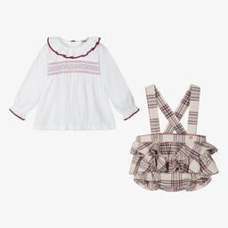 Babidu-Girls Beige Check Cotton Shorts Set | Childrensalon Outlet