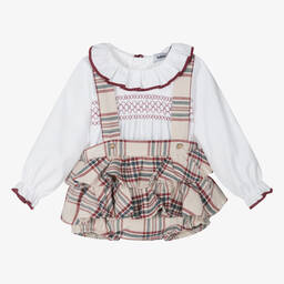 Babidu-Girls Beige Check Cotton Shorts Set | Childrensalon Outlet